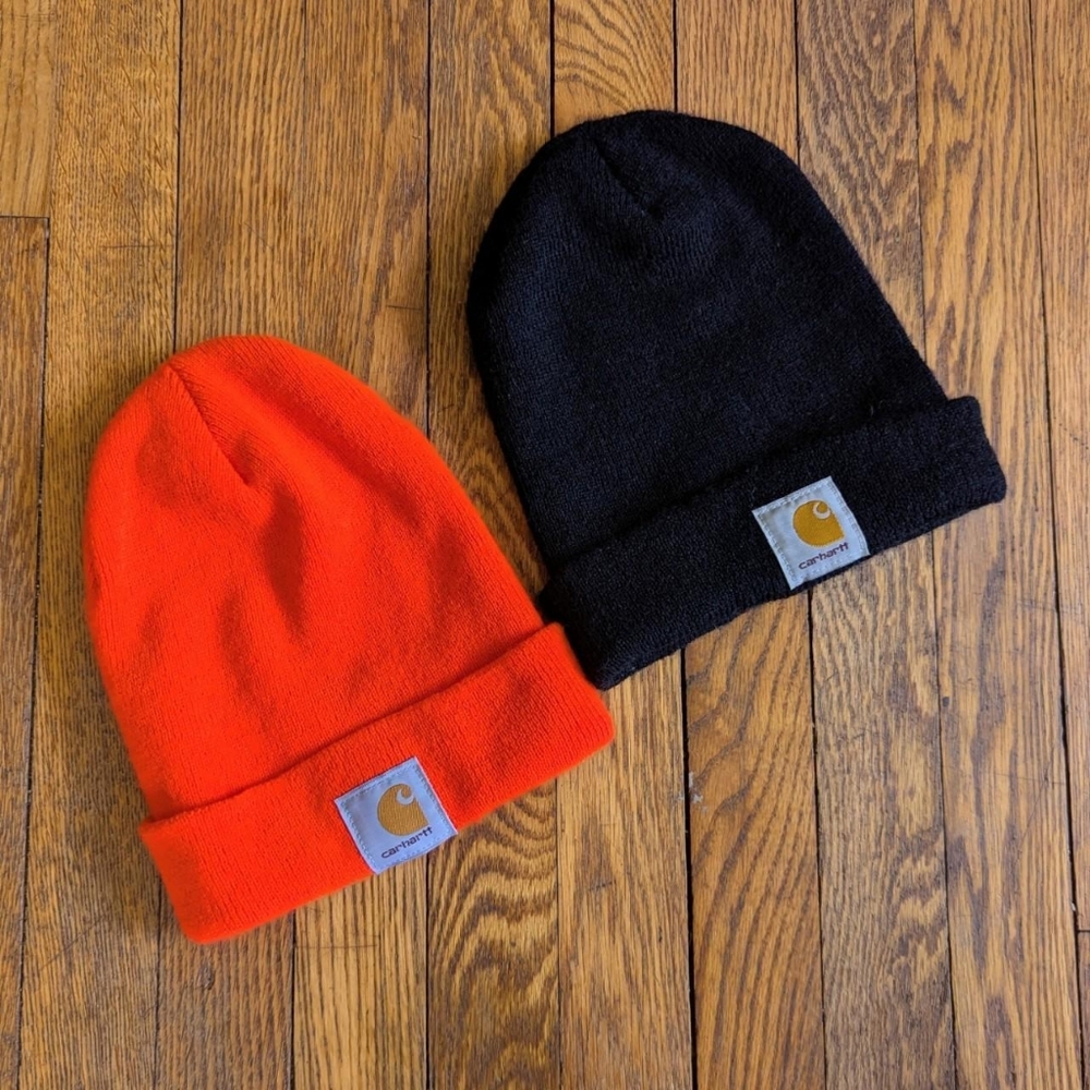 Lot of 2 Carhartt Black & Neon Orange Knit Beanies